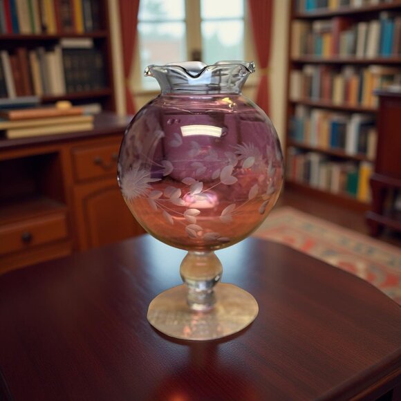 Hand Cut Cranberry Overlay Vase Deep Floral Design, Bohemian Style 8 inch Tall - Picture 6 of 9